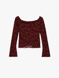 Asimetrik Kesim Uzun Kollu Tül Omzu Açık Tişört