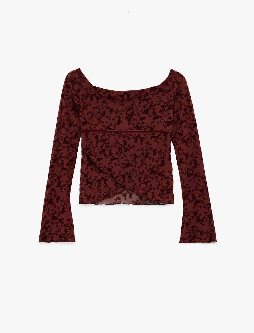 Koton Kadın Asimetrik Kesim Uzun Kollu Tül Omzu Açık T-Shirt
