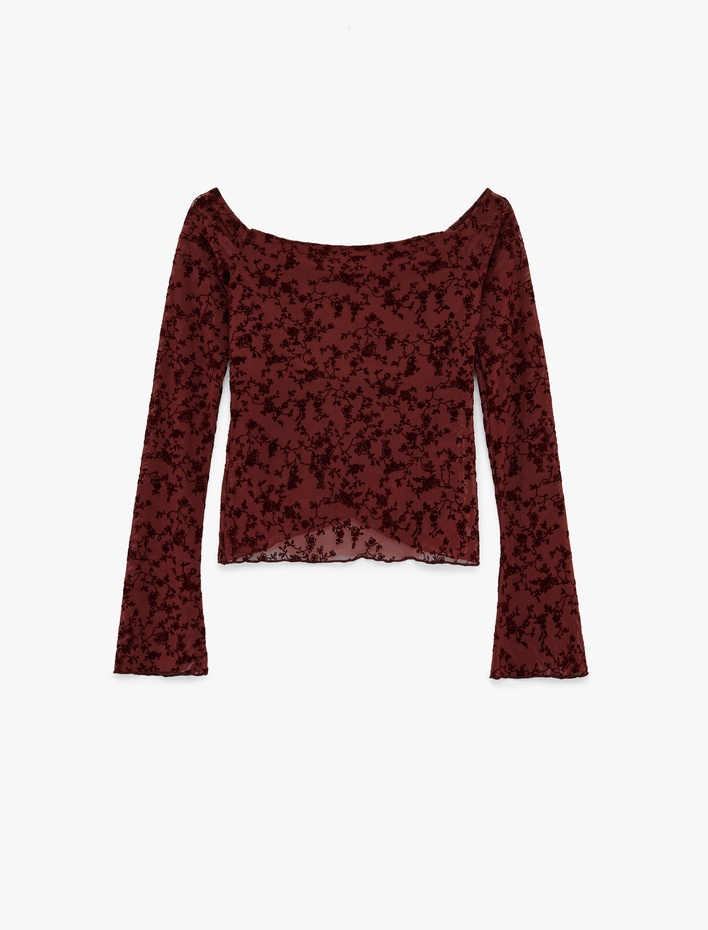  Asimetrik Kesim Uzun Kollu Tül Omzu Açık Tişört