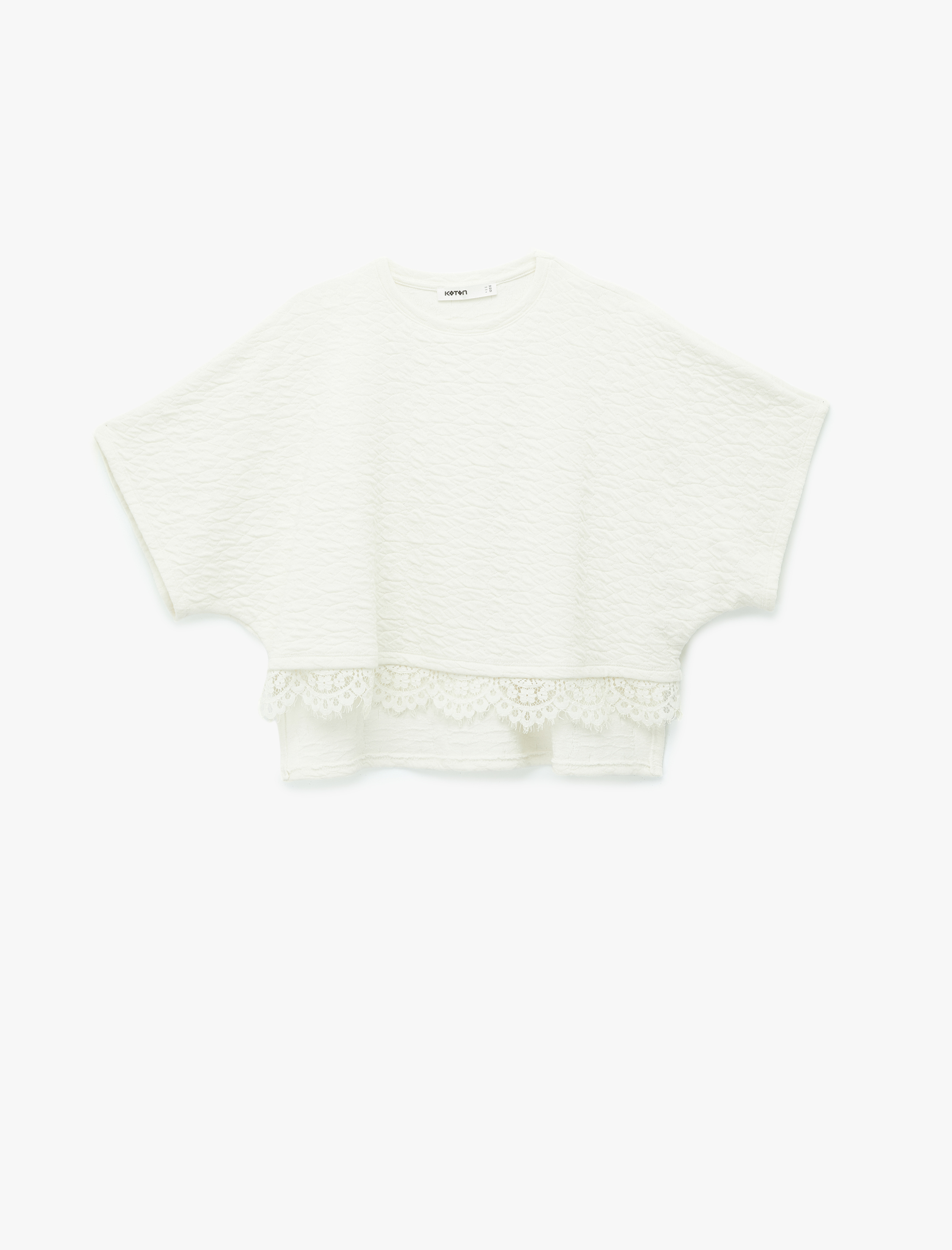   Kısa Kollu Bisiklet Yaka Dokulu Dantel Detaylı Tişört