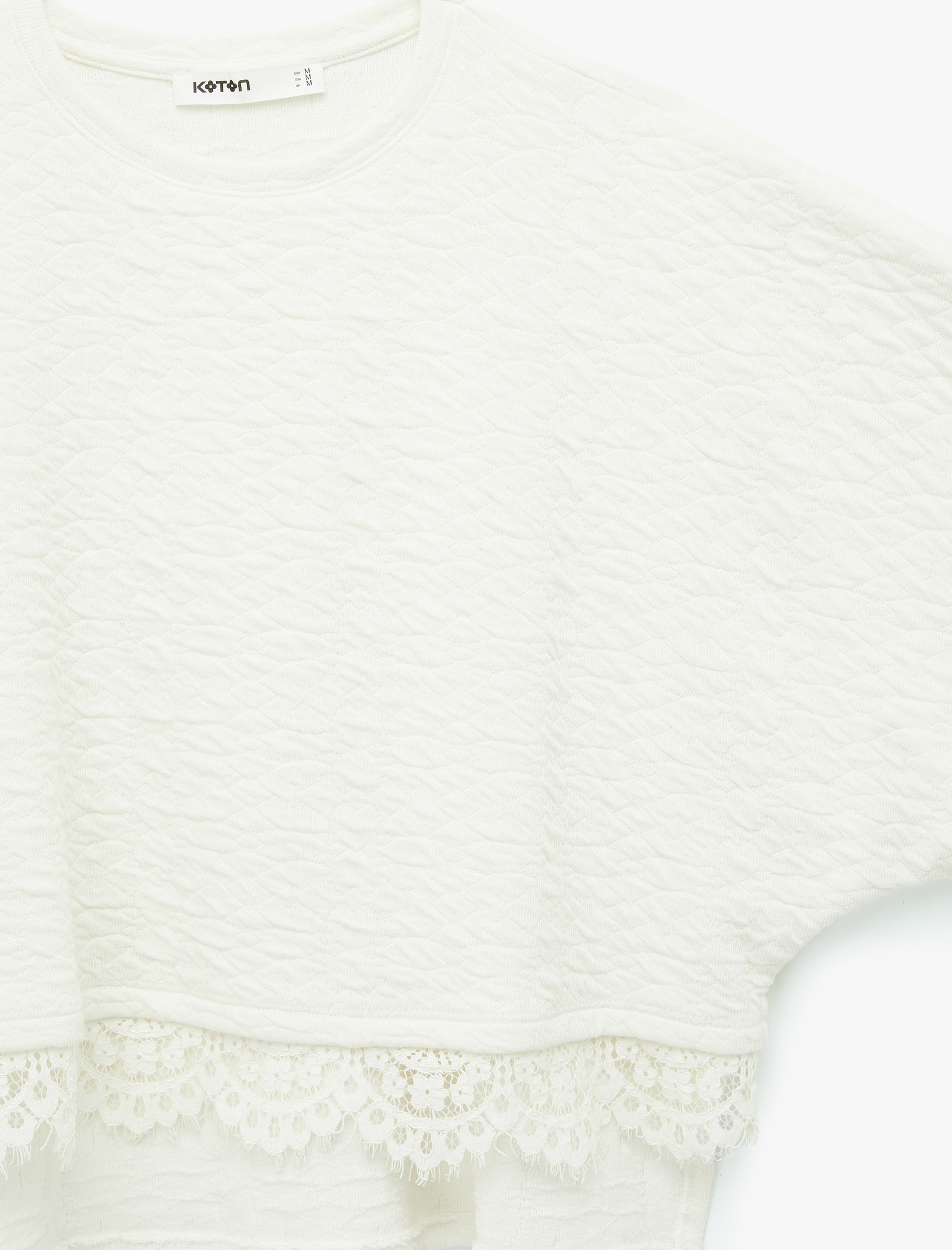   Kısa Kollu Bisiklet Yaka Dokulu Dantel Detaylı Tişört