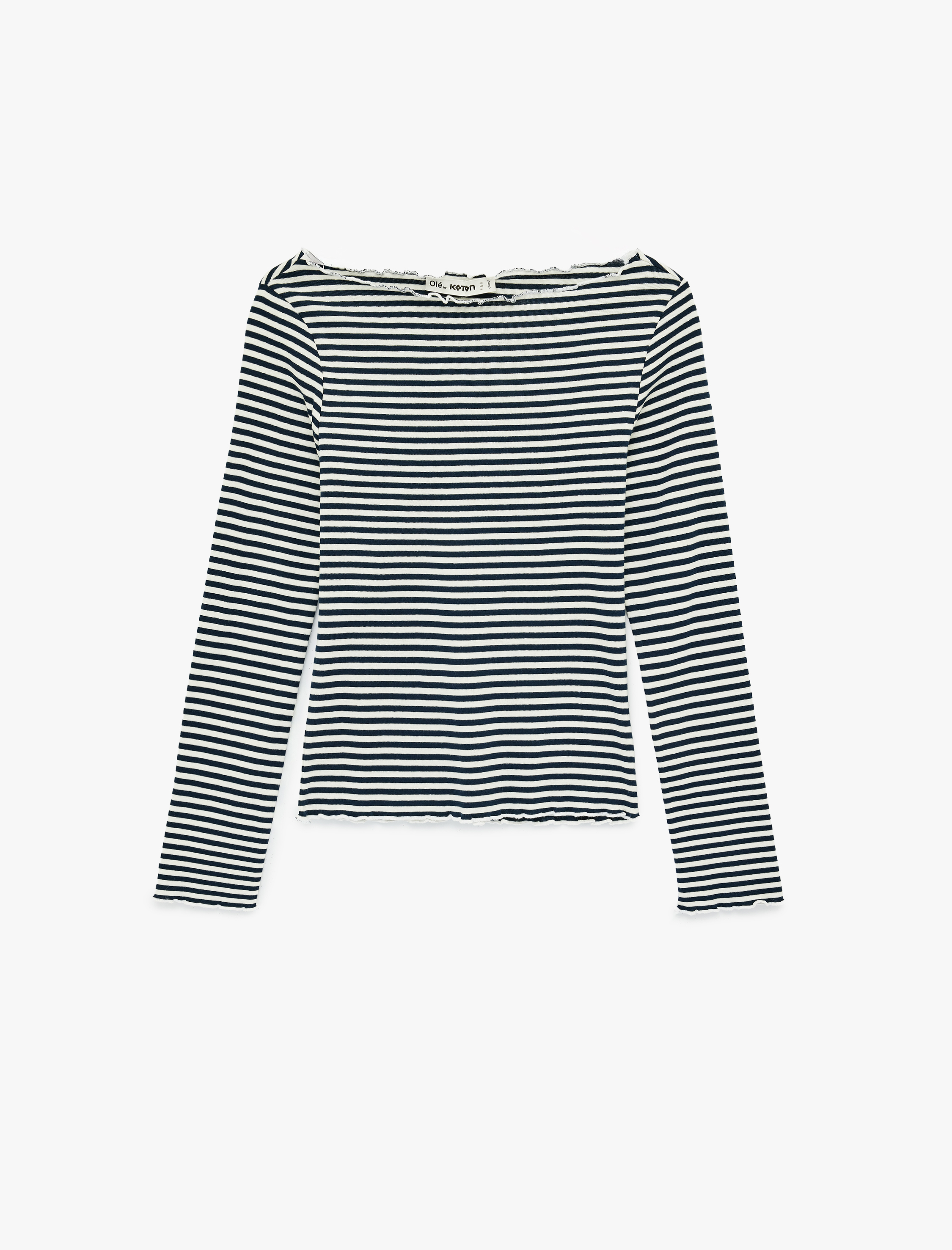   Uzun Kollu Pamuklu Kayık Yaka Çizgili Tişört