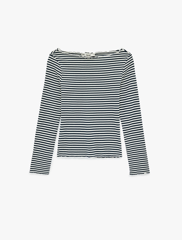  Uzun Kollu Pamuklu Kayık Yaka Çizgili Tişört