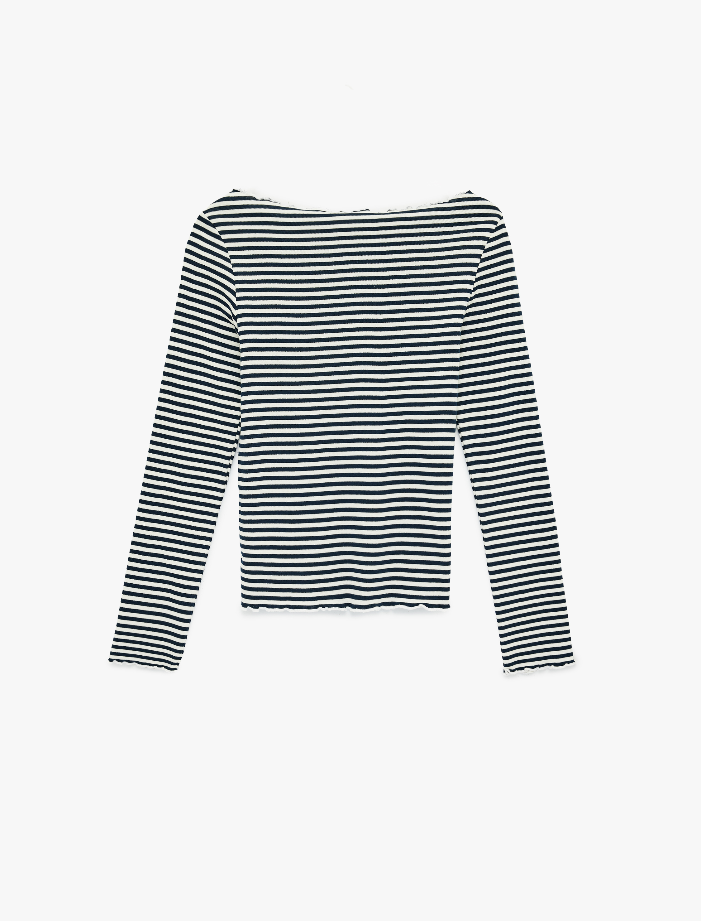   Uzun Kollu Pamuklu Kayık Yaka Çizgili Tişört