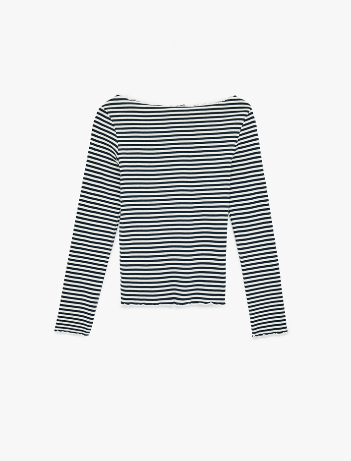  Uzun Kollu Pamuklu Kayık Yaka Çizgili Tişört