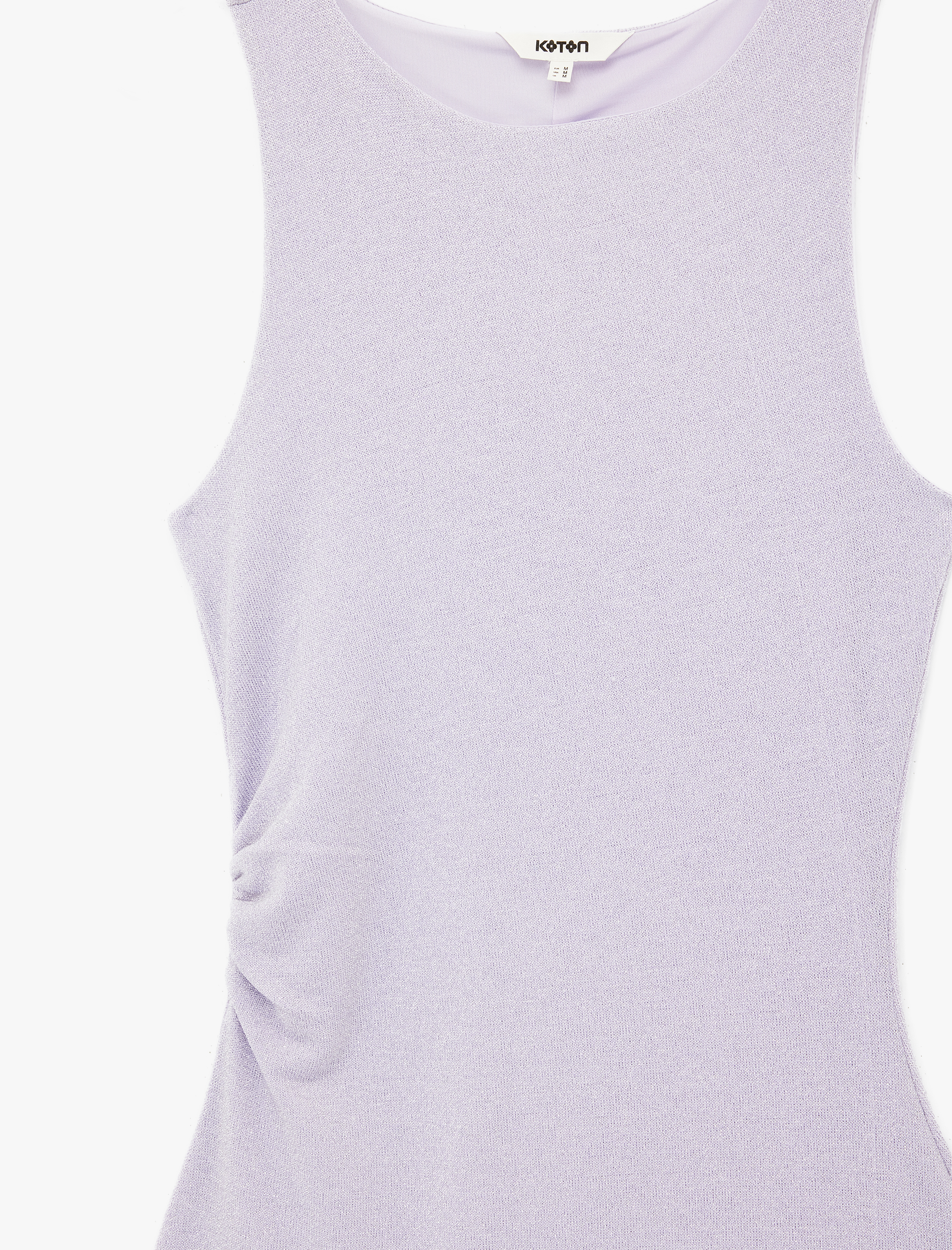   Yuvarlak Yaka Drape Detaylı Kolsuz Simli Midi Kalem Elbise