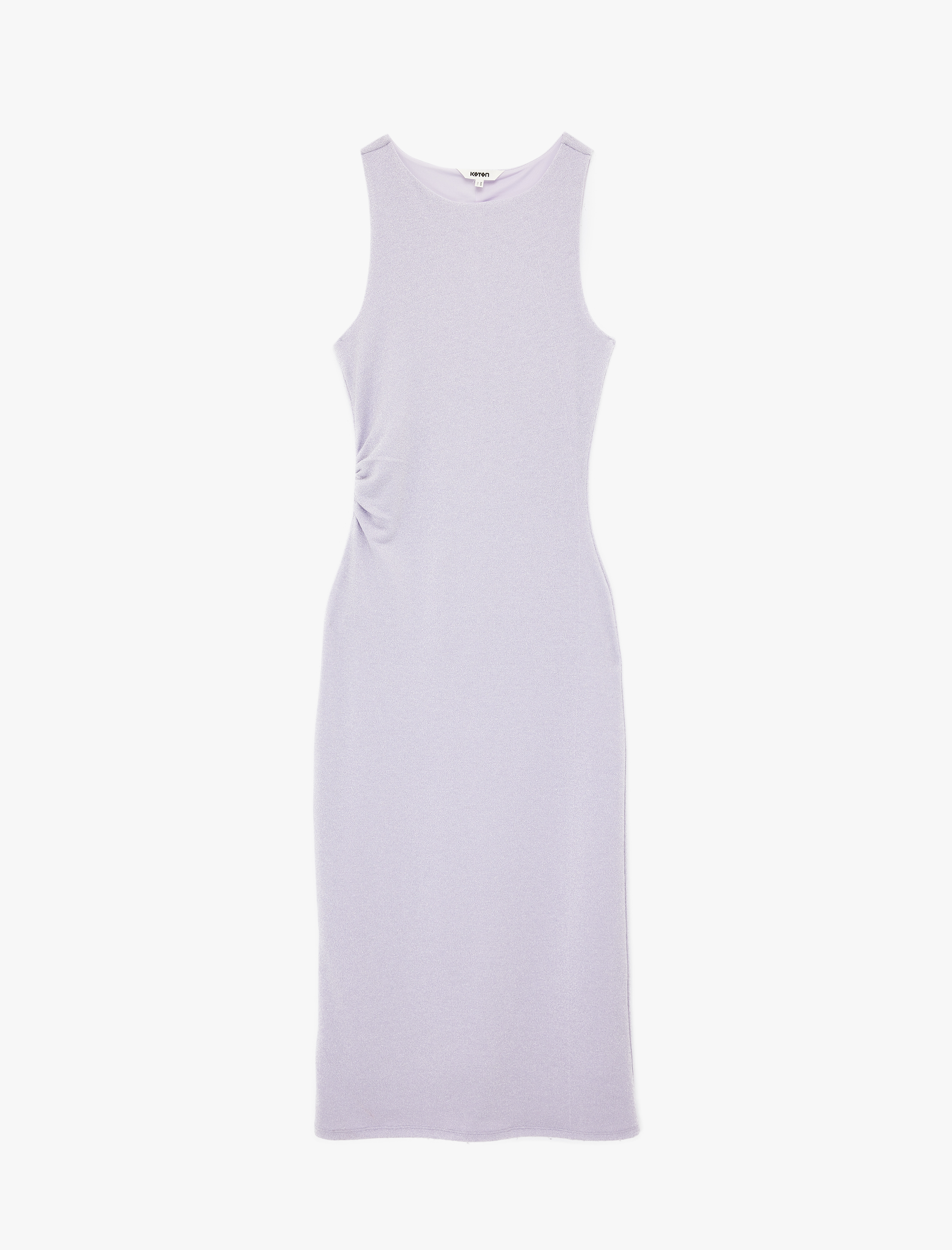   Yuvarlak Yaka Drape Detaylı Kolsuz Simli Midi Kalem Elbise