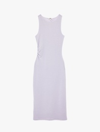 Yuvarlak Yaka Drape Detaylı Kolsuz Simli Midi Kalem Elbise