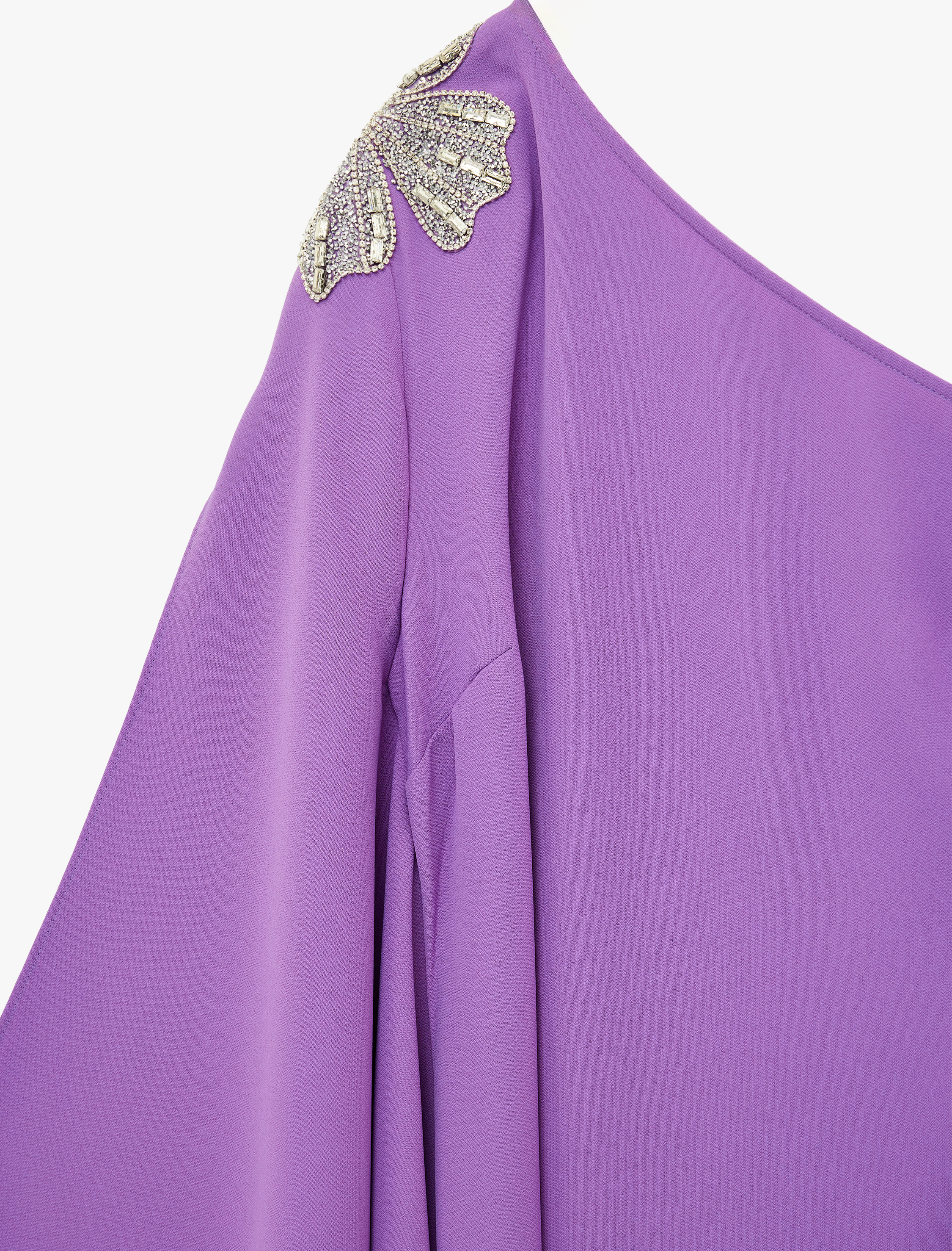   Krep Kumaş Taşlı Aplike Detaylı Tek Omuz Uzun Elbise