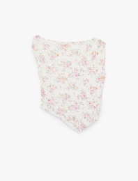 Asimetrik Çiçekli Kolsuz Slim Fit Dantel Bluz