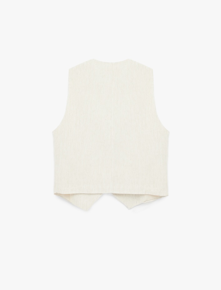  Kruvaze Yaka Simli Bağlama Detaylı Keten Karışımlı Kolsuz Yelek