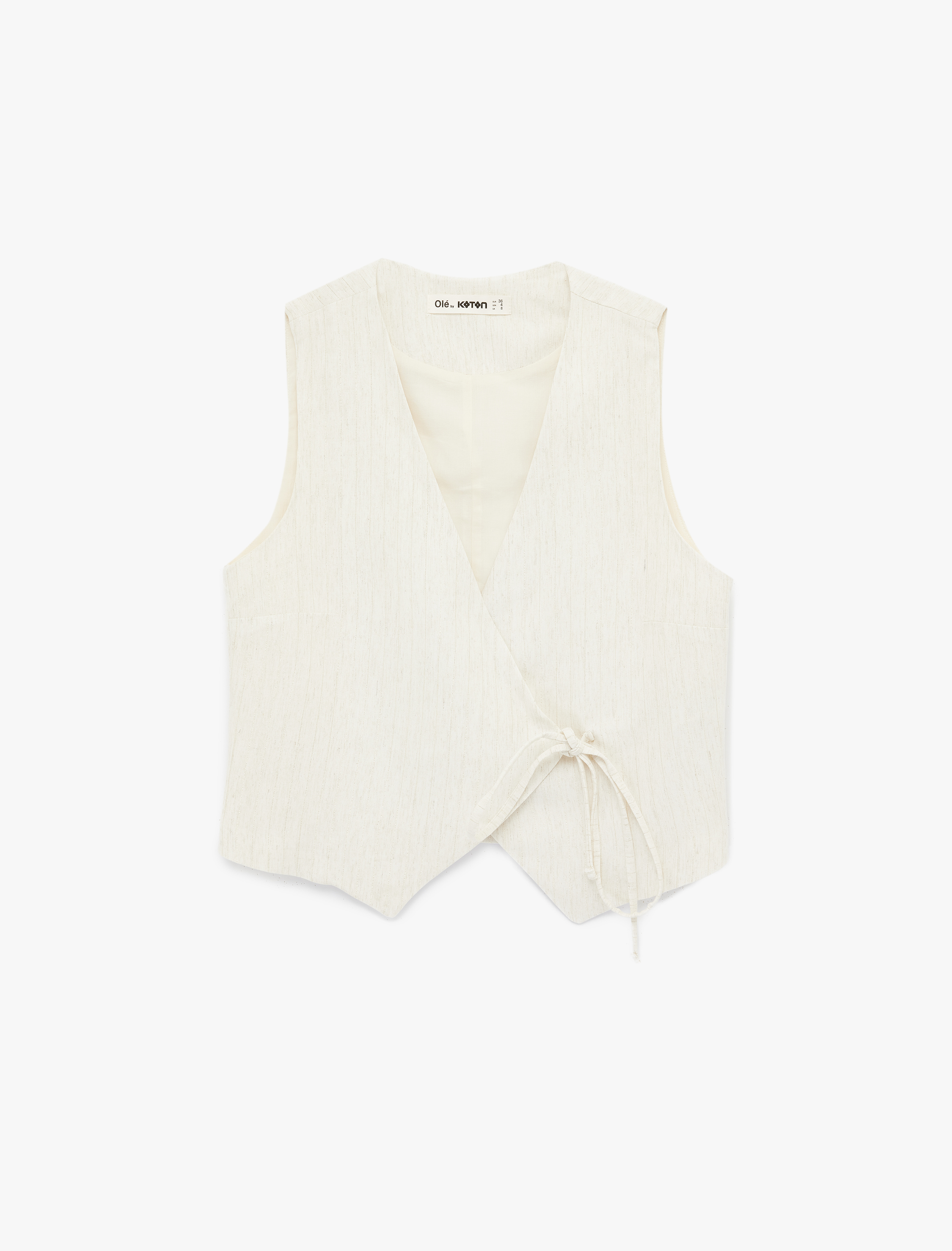   Kruvaze Yaka Simli Bağlama Detaylı Keten Karışımlı Kolsuz Yelek