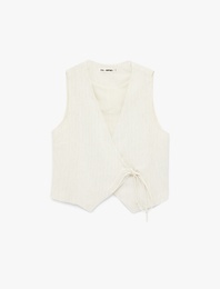 Kruvaze Yaka Simli Bağlama Detaylı Keten Karışımlı Kolsuz Yelek
