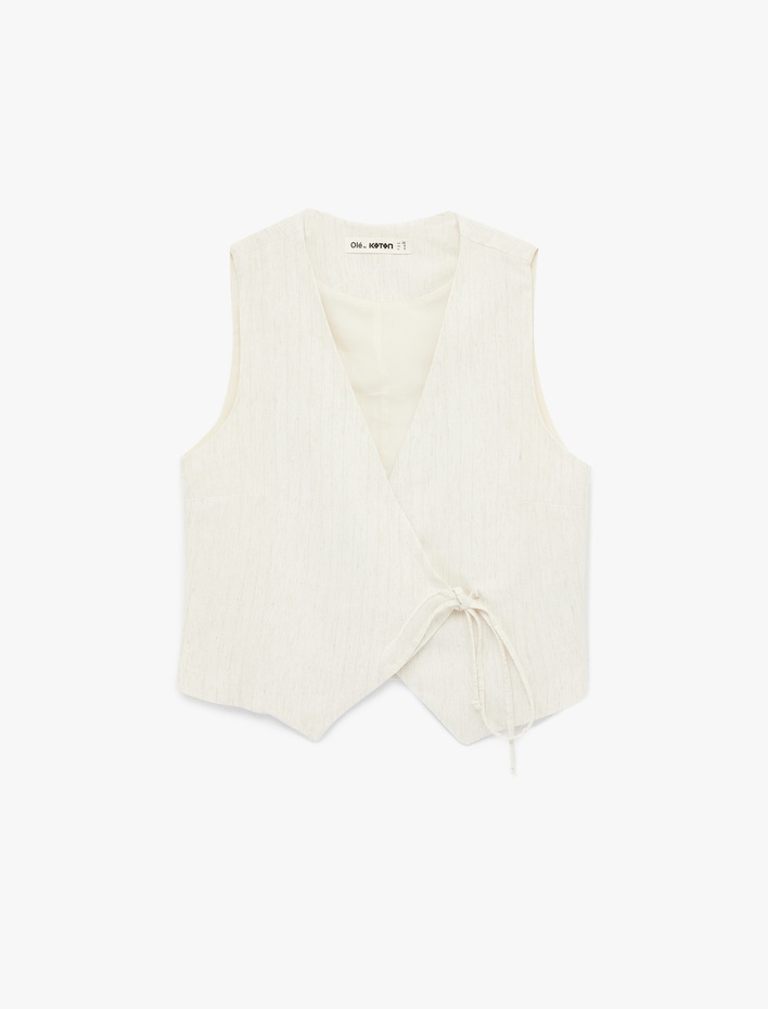  Kruvaze Yaka Simli Bağlama Detaylı Keten Karışımlı Kolsuz Yelek