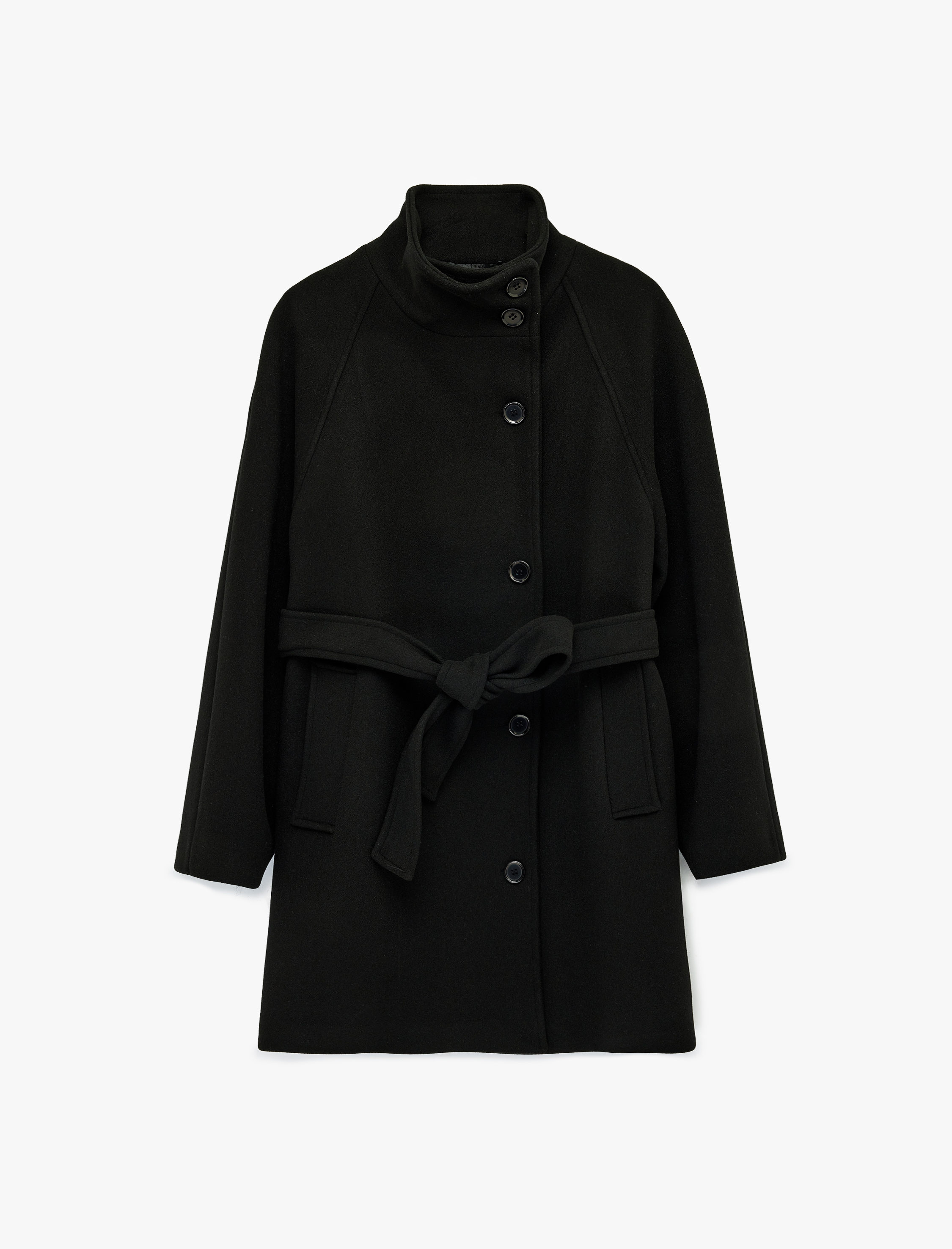   Dik Yaka Düğmeli Kemer Detaylı Cepli Uzun Ceket