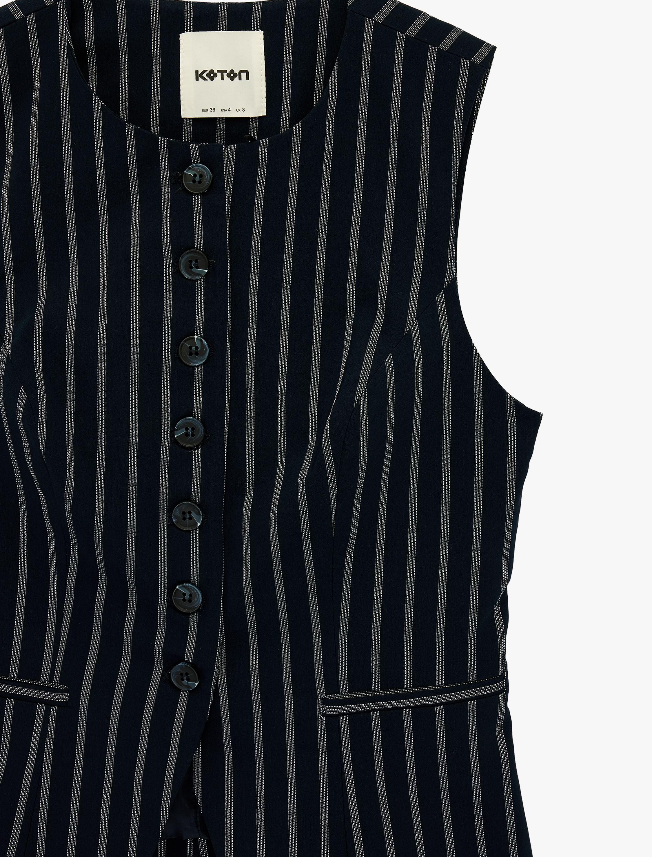   Slim Fit Düğmeli Cepli Bisiklet Yaka Çizgili Blazer Yelek