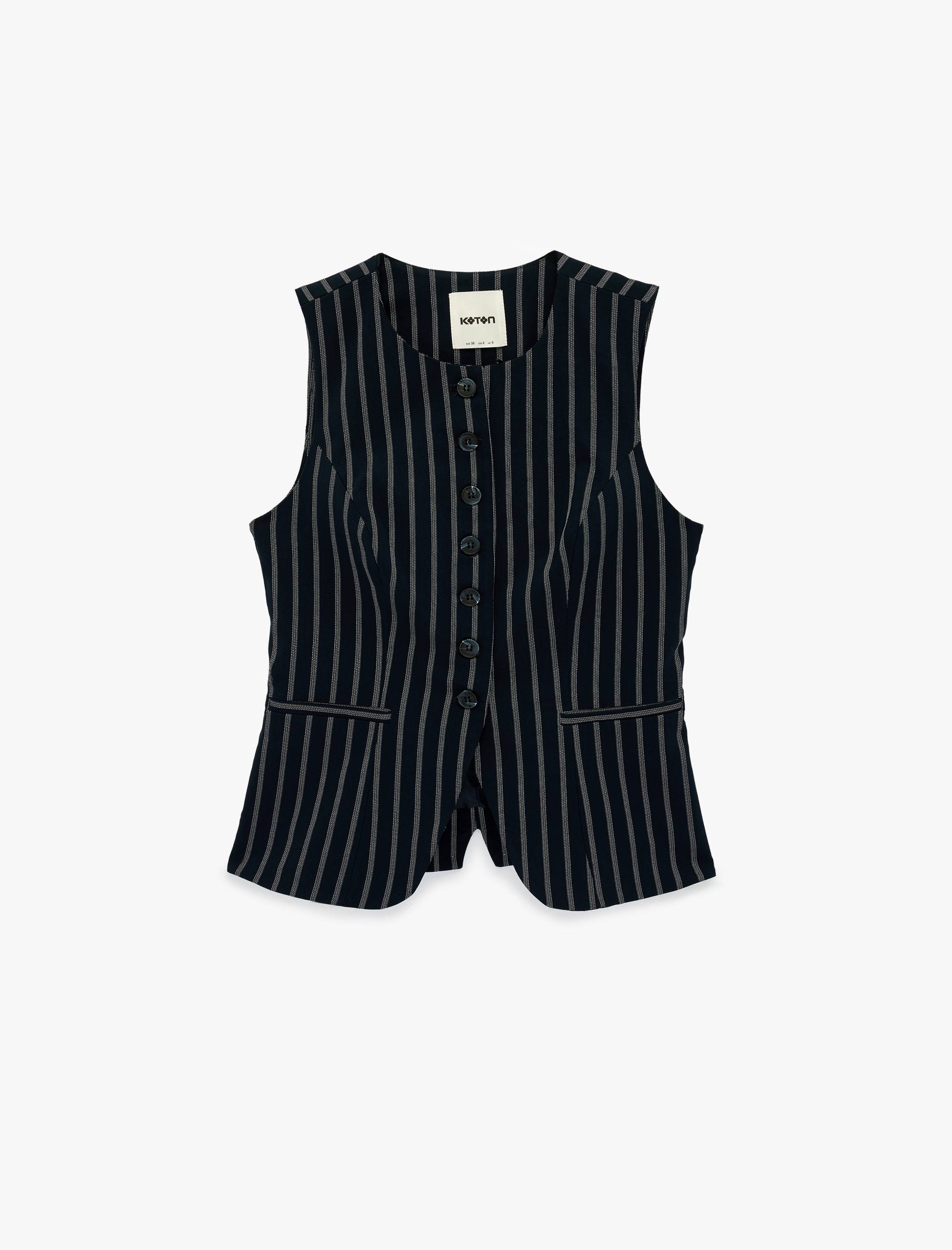   Slim Fit Düğmeli Cepli Bisiklet Yaka Çizgili Blazer Yelek