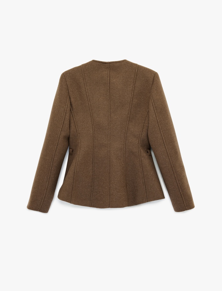  Slim Fit Düğmeli Uzun Kollu Bisiklet Yaka Kaşe Ceket