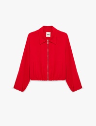 Krep Kumaş Cepli Uzun Kollu Fermuarlı Bomber Ceket