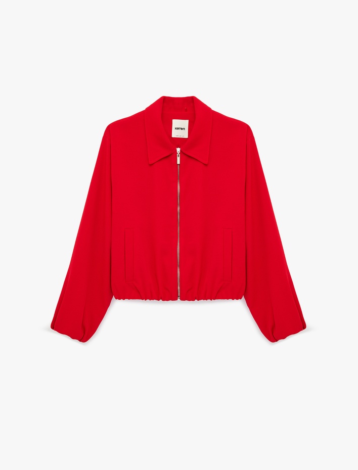  Krep Kumaş Cepli Uzun Kollu Fermuarlı Bomber Ceket