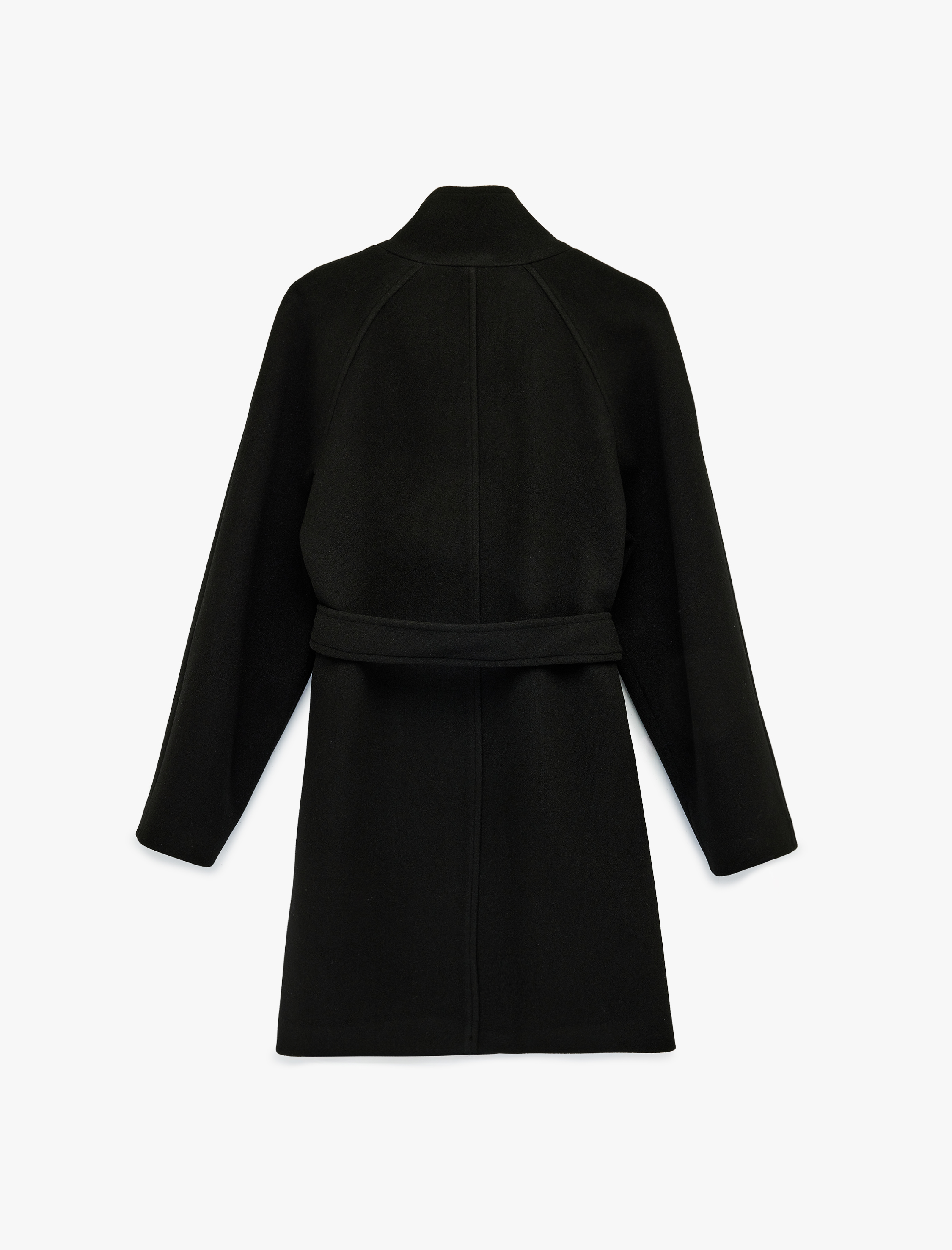   Dik Yaka Düğmeli Kemer Detaylı Cepli Uzun Ceket