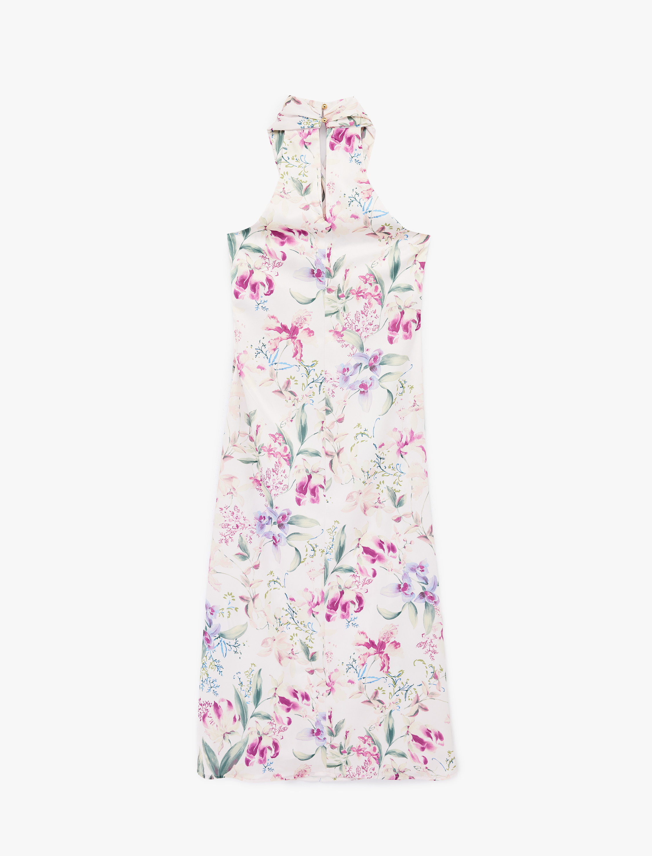   Midi Boy Çiçekli Halter Yaka Saten Elbise