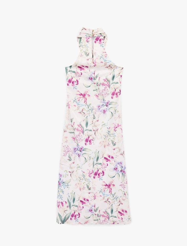  Midi Boy Çiçekli Halter Yaka Saten Elbise