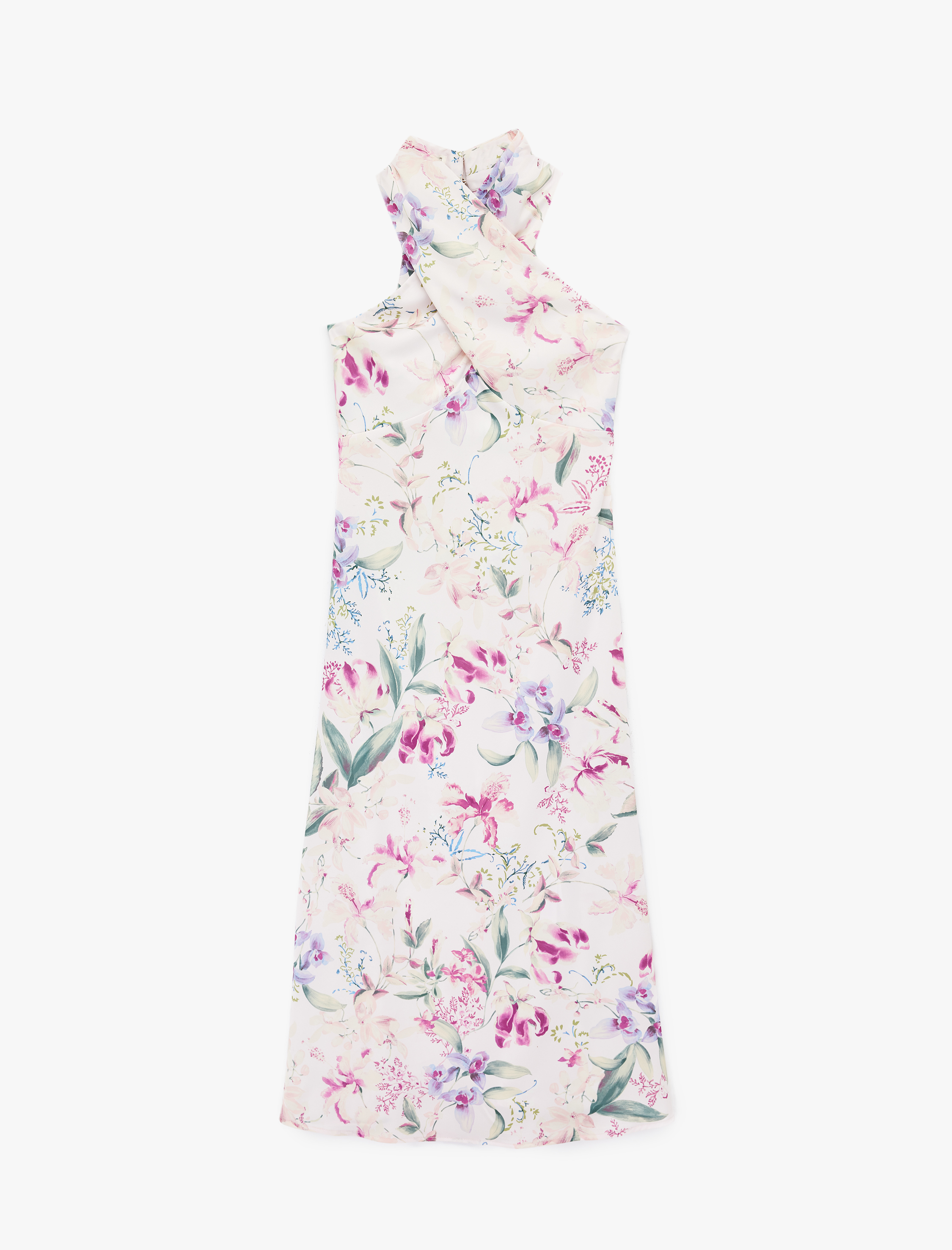   Midi Boy Çiçekli Halter Yaka Saten Elbise