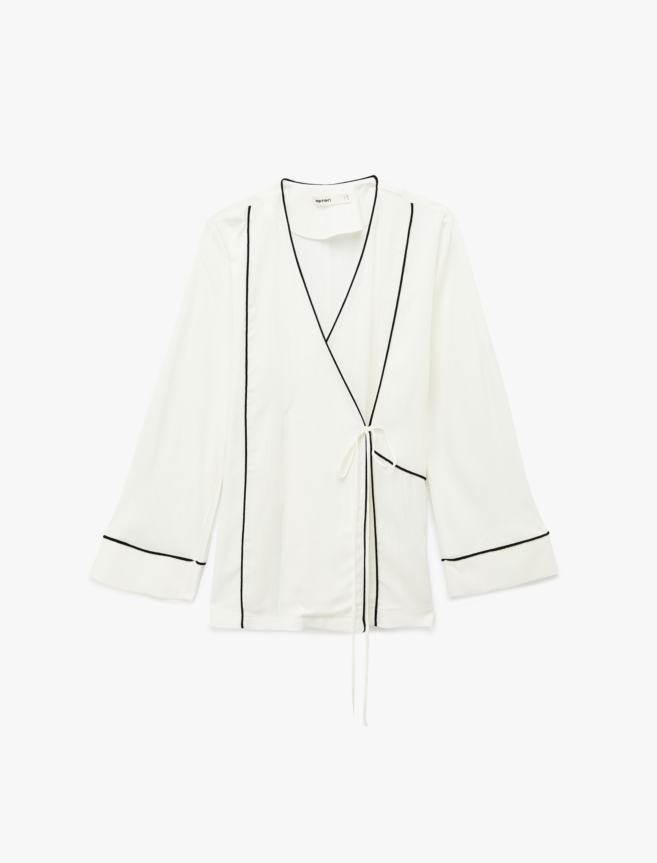   Rahat Kalıp Uzun Kollu Bağlama Detaylı Viskon Kruvaze Kimono