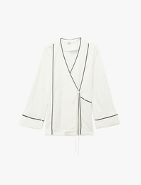 Rahat Kalıp Uzun Kollu Bağlama Detaylı Viskon Kruvaze Kimono