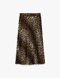 Normal Bel Pileli Leopar Desenli Krep Midi Etek