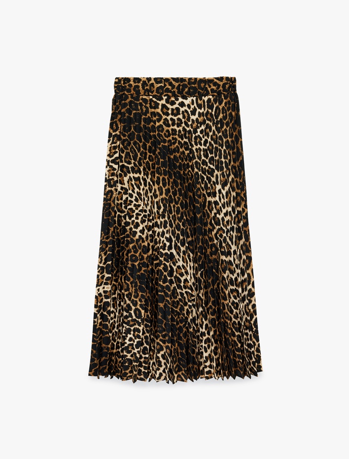  Normal Bel Pileli Leopar Desenli Krep Midi Etek