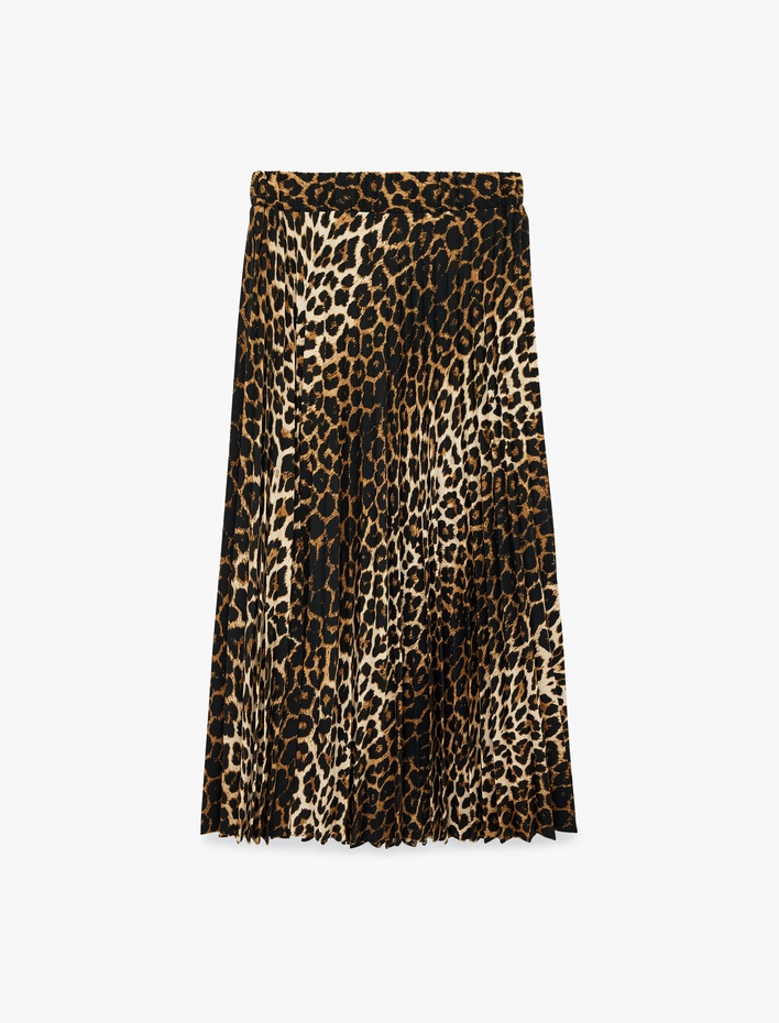  Normal Bel Pileli Leopar Desenli Krep Midi Etek