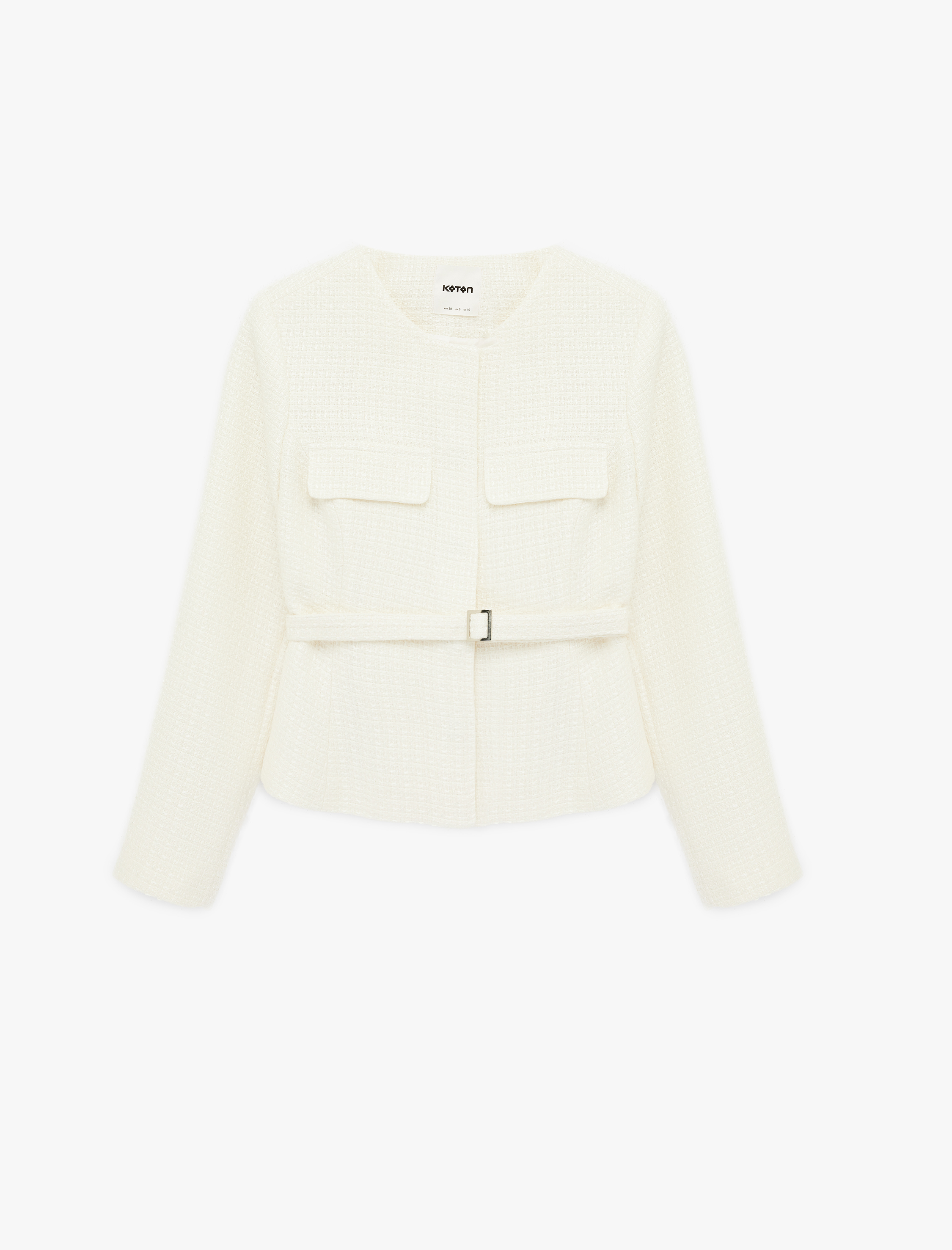   Slim Fit Uzun Kollu Bisiklet Yaka Kemerli Peplum Tüvit Ceket