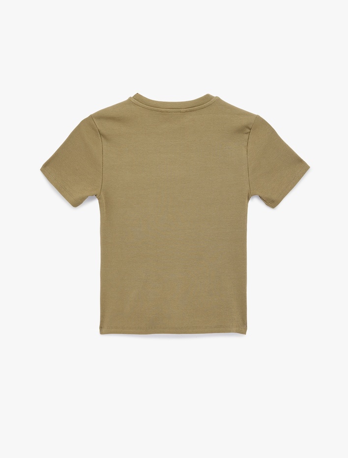  Pamuklu Slim Fit Kısa Kollu Bisiklet Yaka Nakış Detaylı Fitilli Tişört