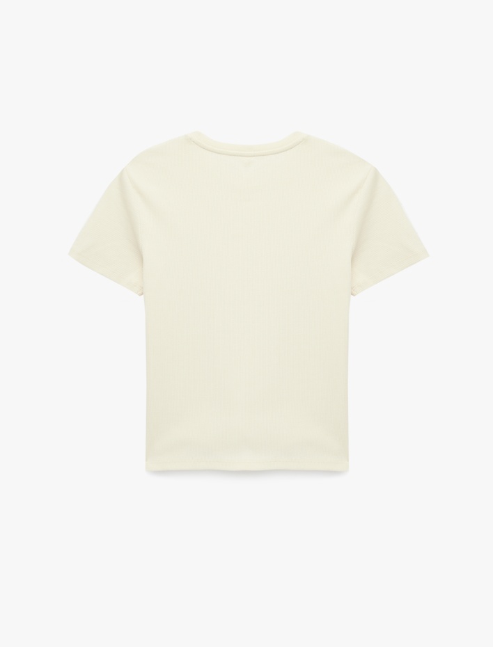  Pamuklu Slim Fit Kısa Kollu Bisiklet Yaka Nakış Detaylı Fitilli Tişört