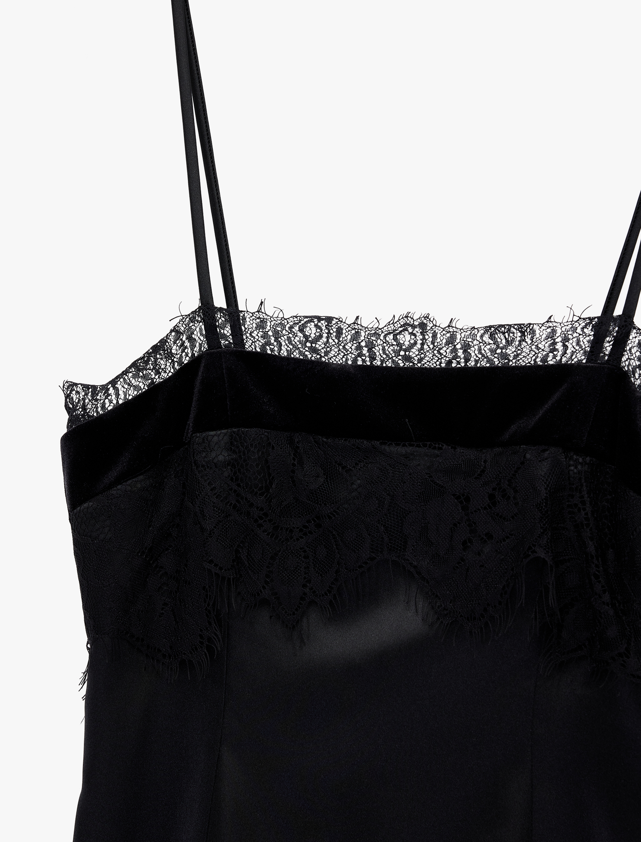   Kare Yaka İp Askılı Dantel Detaylı Saten Mini Abiye Elbise