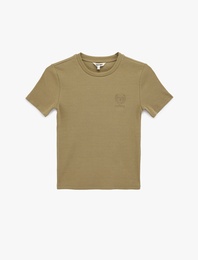 Pamuklu Slim Fit Kısa Kollu Bisiklet Yaka Nakış Detaylı Fitilli Tişört