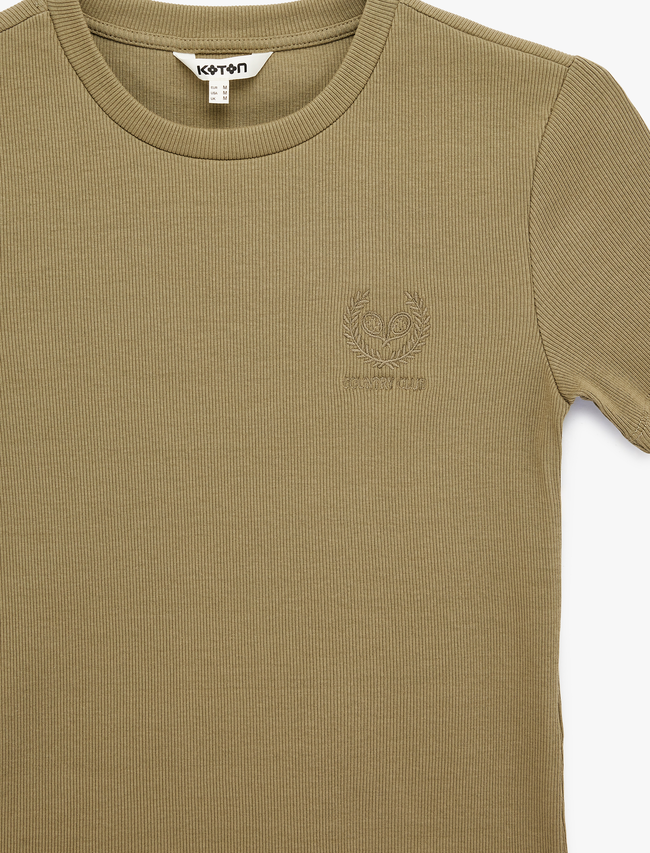   Pamuklu Slim Fit Kısa Kollu Bisiklet Yaka Nakış Detaylı Fitilli Tişört