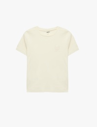 Pamuklu Slim Fit Kısa Kollu Bisiklet Yaka Nakış Detaylı Fitilli Tişört