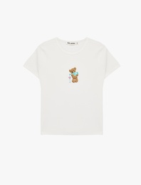 Slim Fit Kısa Kollu Bisiklet Yaka Ayıcık Nakışlı Tişört