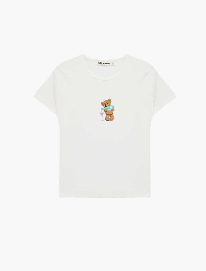  Slim Fit Kısa Kollu Bisiklet Yaka Ayıcık Nakışlı Tişört