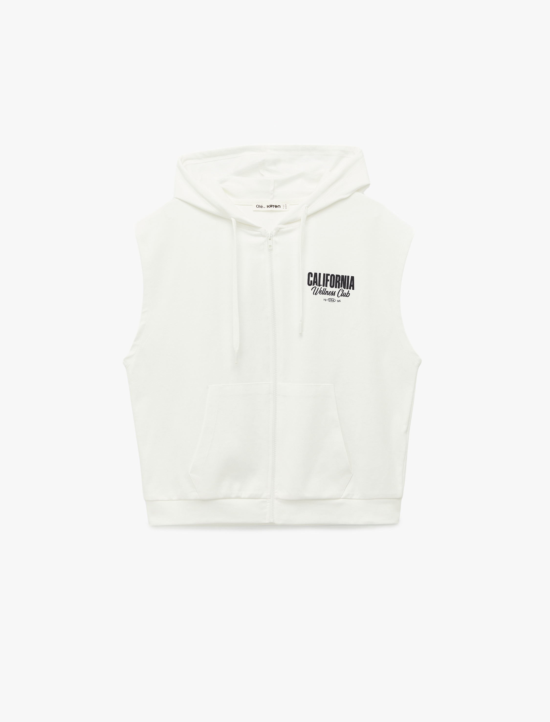   Arkası Baskılı Fermuarlı Cep Detaylı Kapüşonlu Kolsuz Sweatshirt