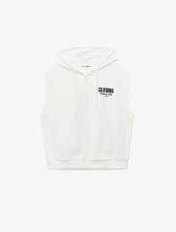 Arkası Baskılı Fermuarlı Cep Detaylı Kapüşonlu Kolsuz Sweatshirt