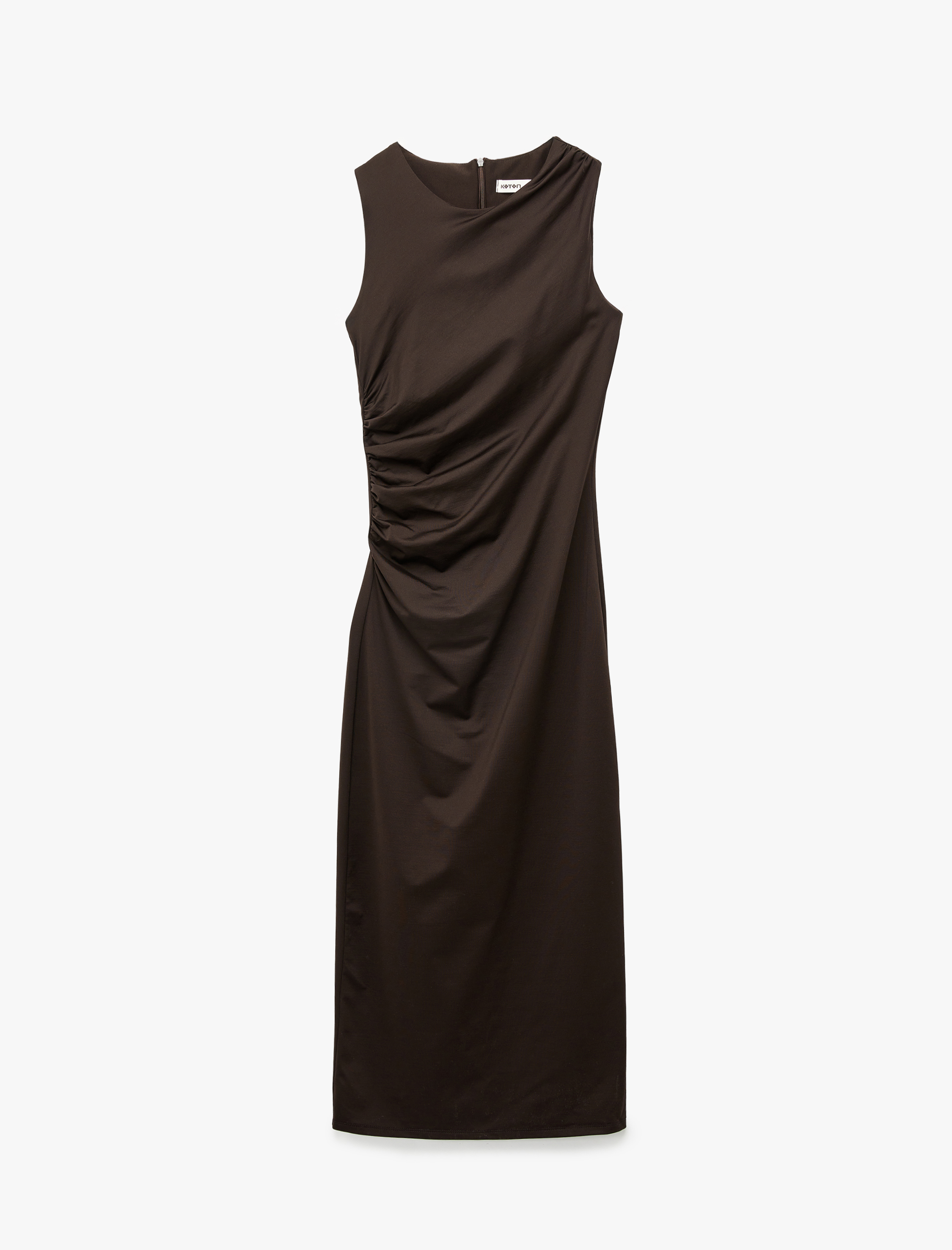   Slim Fit Kolsuz Bisiklet Yaka Yırtmaçlı Drapeli Midi Elbise