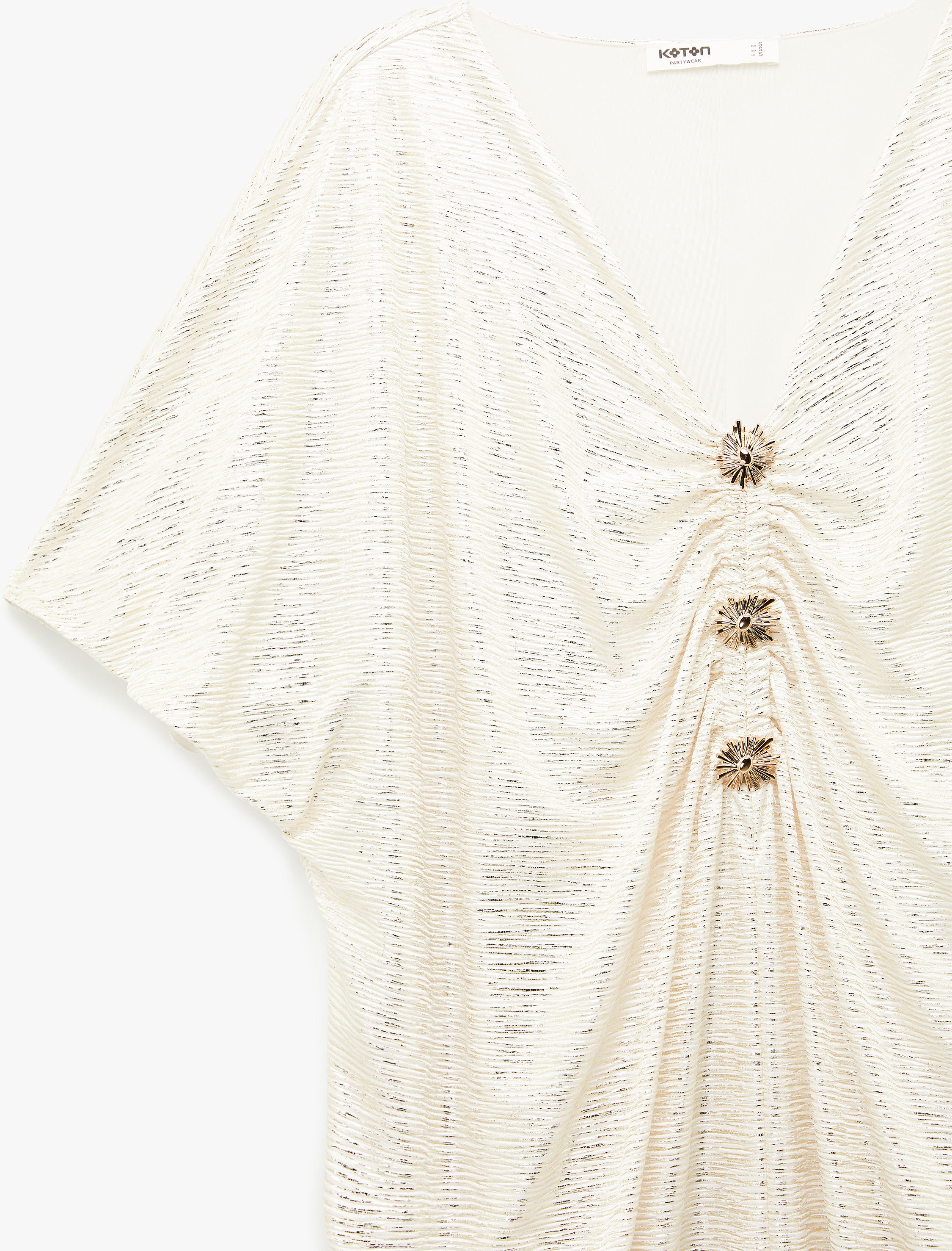   V Yaka Kısa Kollu Metal Aksesuarlı Bol Kalıp Uzun Abiye Elbise