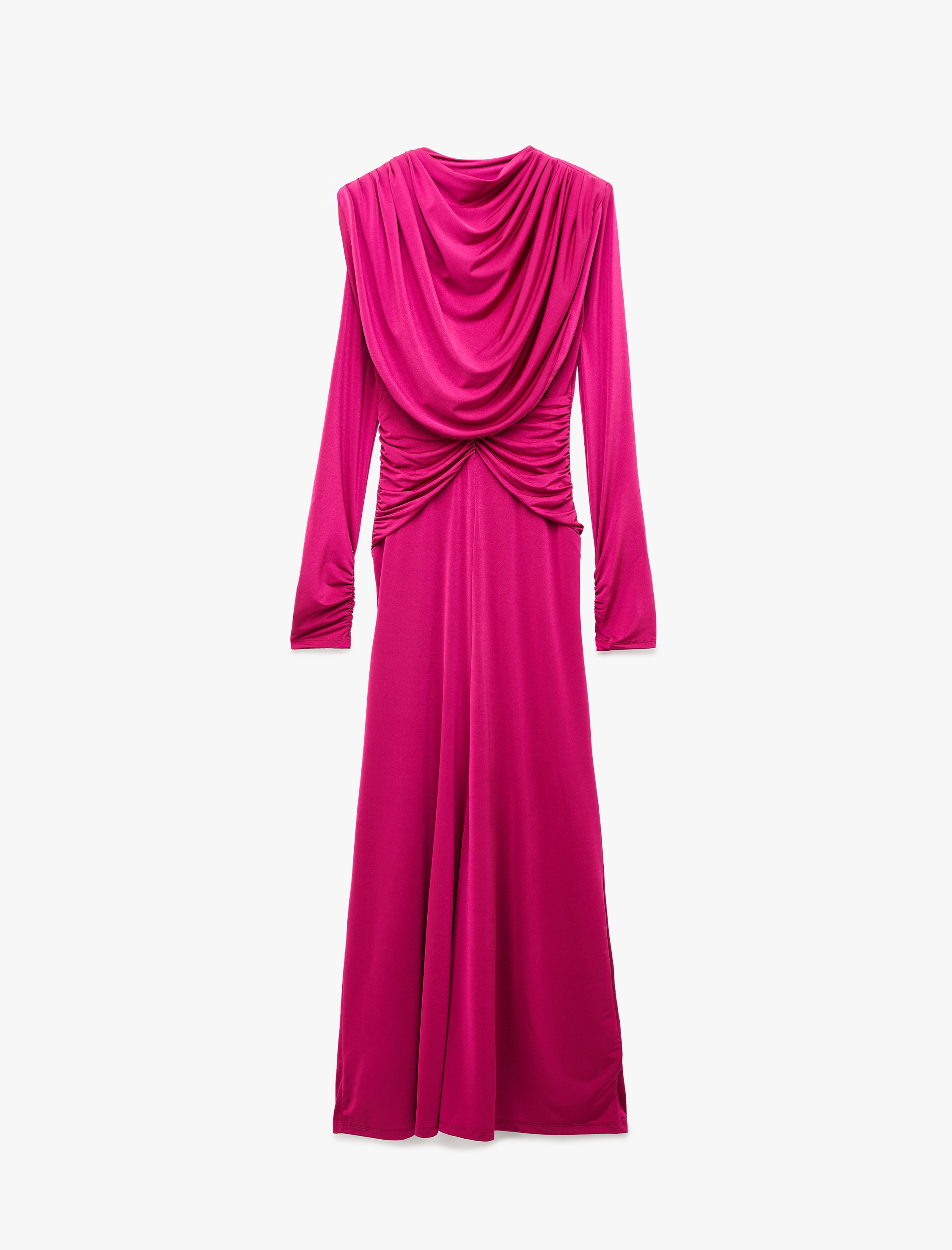   Slim Fit Drapeli Kolsuz Degaje Yaka Parlak Uzun Abiye Elbise