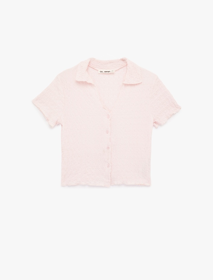  Düğmeli Klasik Yaka Kısa Kollu Bürümcük Bluz