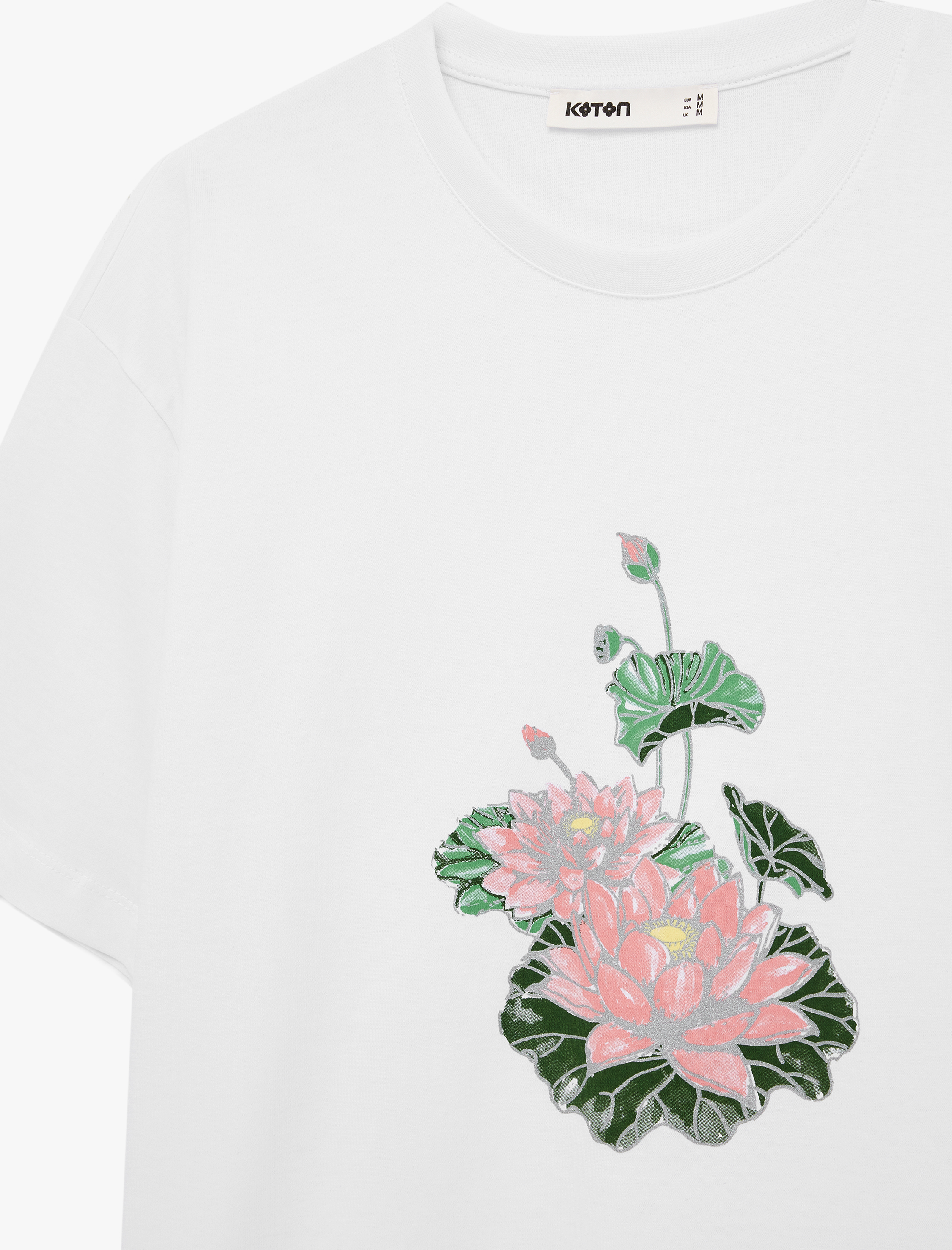   Pamuklu Kısa Kollu Bisiklet Yaka Nilüfer Çiçek Baskılı Oversize Tişört