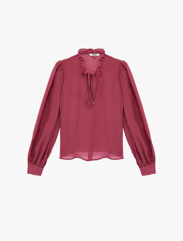  Uzun Balon Kollu Manşetli Bağlama Detaylı Yuvarlak Fırfırlı Yaka Bluz